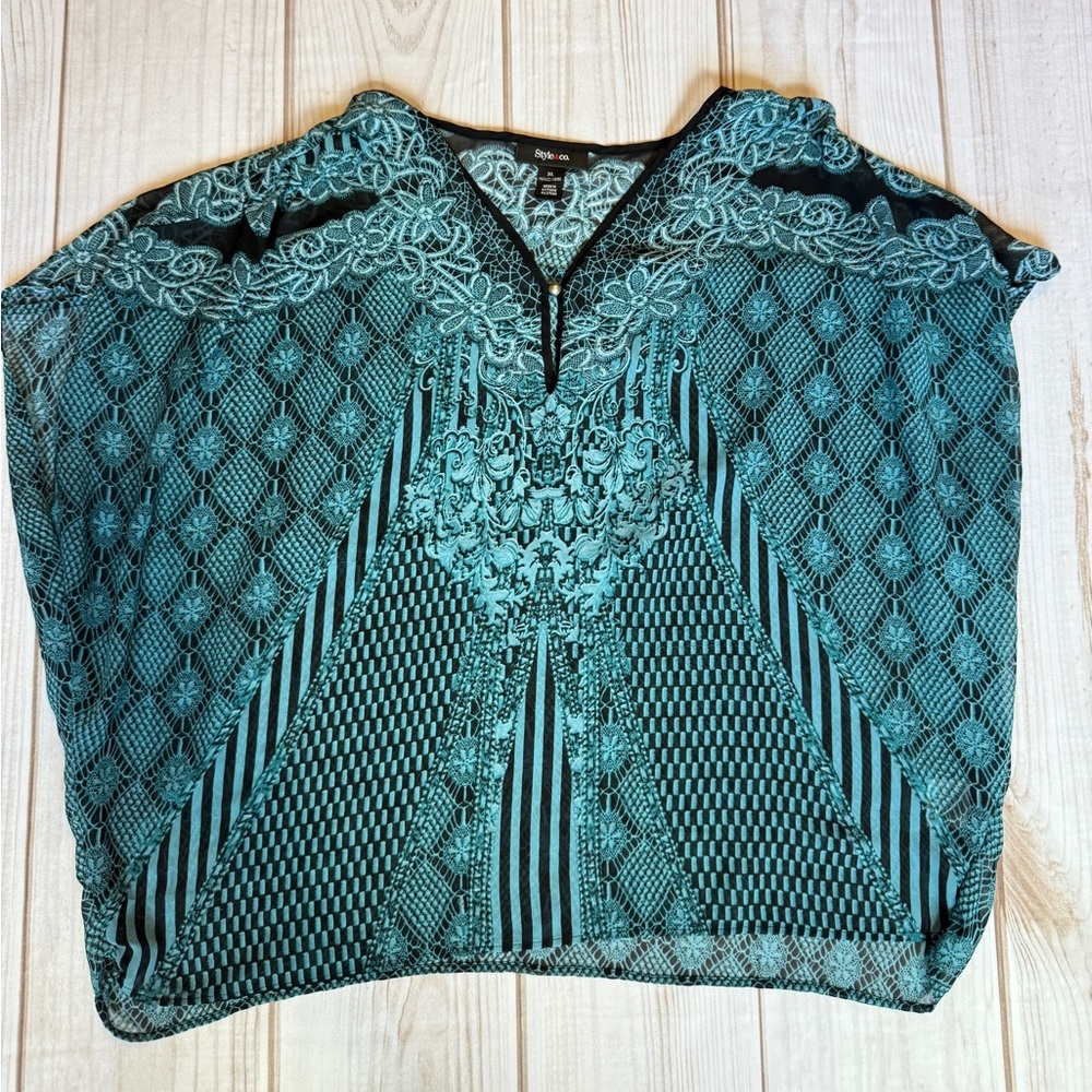 Style & co Teal and Black Patterned Blouse